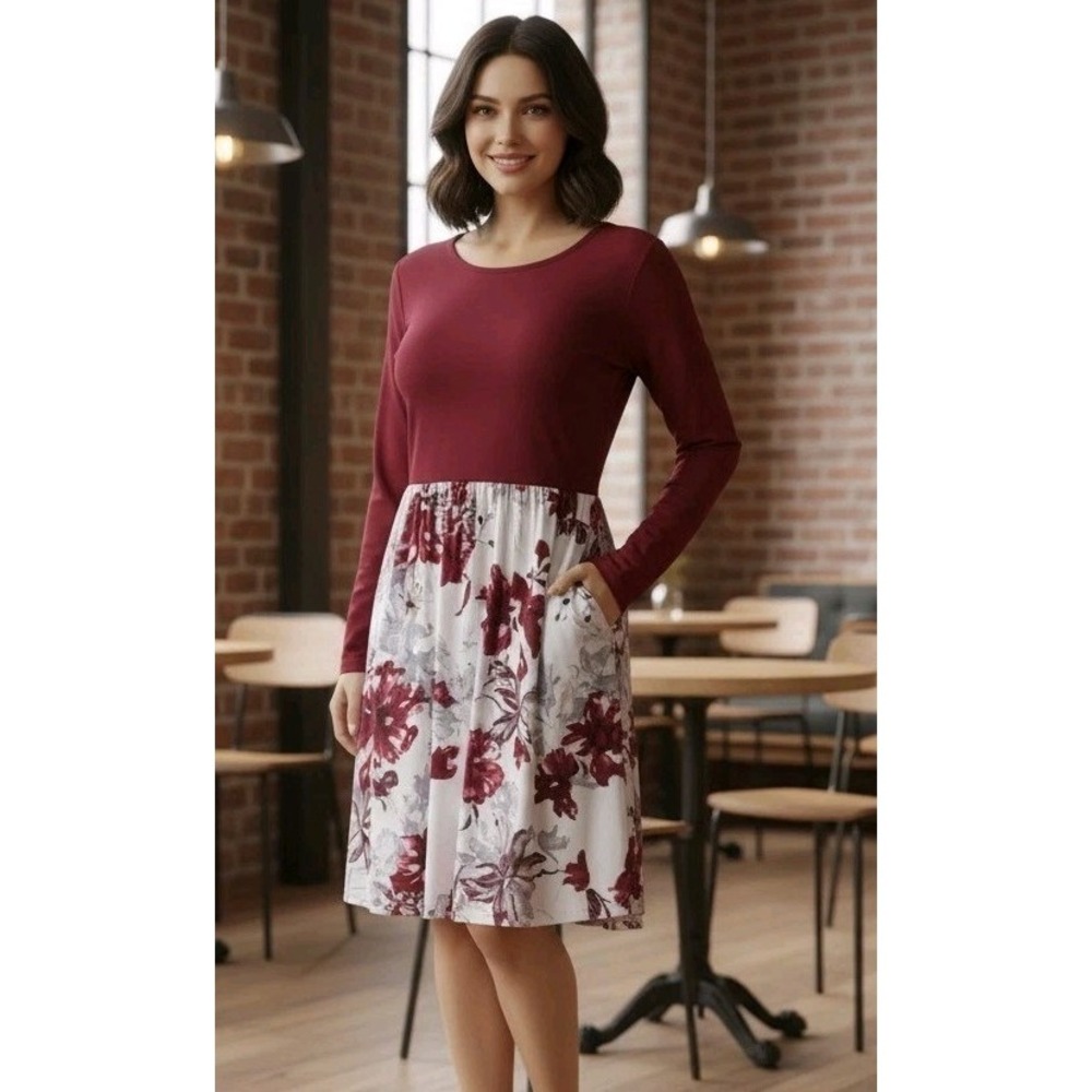 Auselily Dress Womens 2XL Maroon Floral Long Slv Pleated Cottagecore Lagenlook